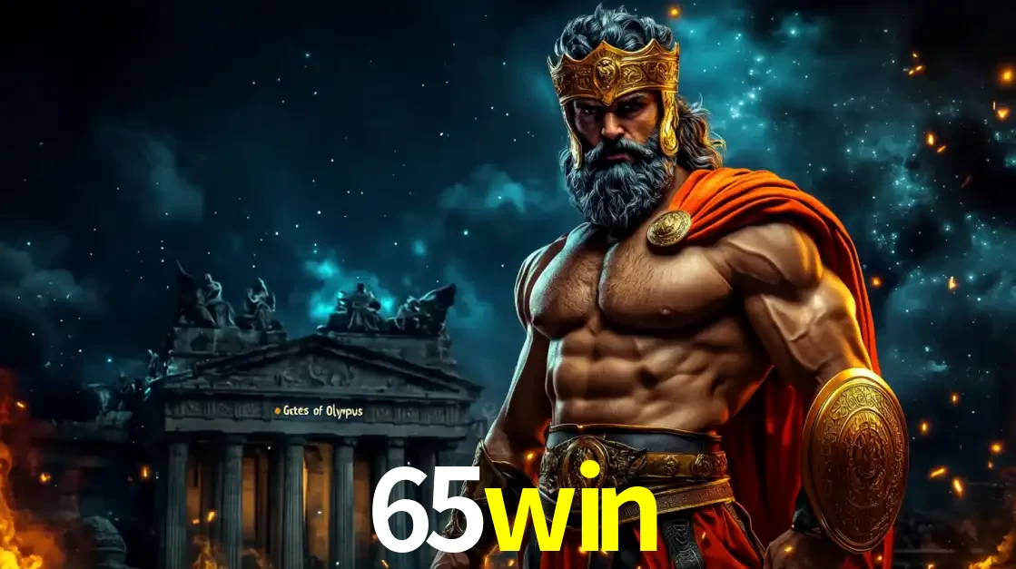 O poderoso Zeus do jogo de slot Gates of Olympus em frente ao seu templo, pronto para lançar multiplicadores divinos e prêmios épicos no cassino online 65win.