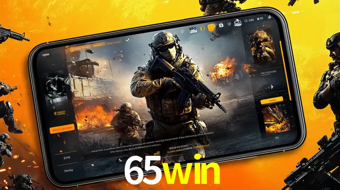 Um smartphone exibindo a interface de um jogo de tiro em primeira pessoa, com um soldado em um cenário de batalha, representando a ação dos e-sports para apostar no 65win.