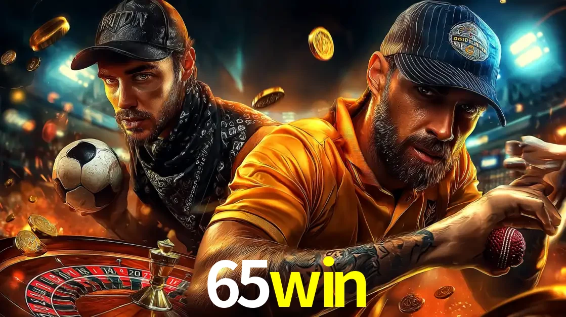 Montagem de apostas esportivas e cassino no 65win, com um homem segurando uma bola de futebol e outro uma de beisebol sobre uma roleta e moedas voadoras.