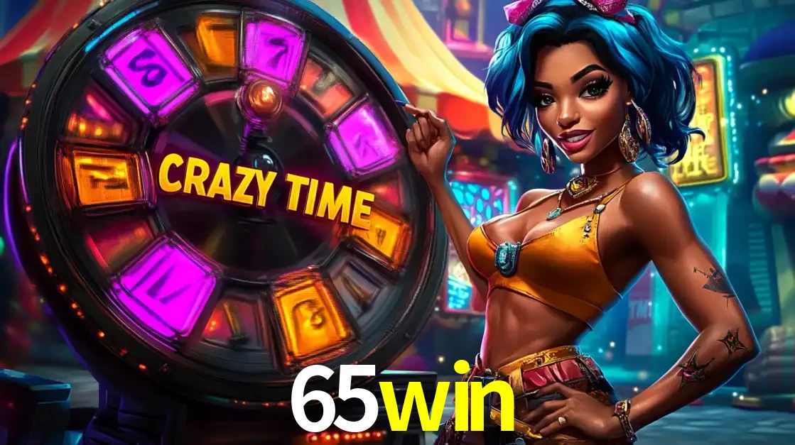 Mulher estilizada com cabelo azul e visual vibrante posando ao lado da roda de prêmios do game show Crazy Time, convidando para a diversão e os bônus do cassino 65win.