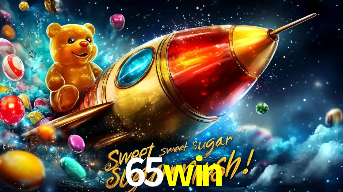 Arte promocional do jogo de slot Sugar Rush, com um urso de pelúcia em um foguete viajando pelo espaço de doces, um dos jogos divertidos disponíveis no cassino 65win.