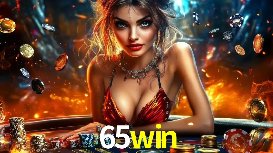 Mulher em uma mesa de cassino com pilhas de fichas e um fundo de fogo, pronta para uma rodada de altas apostas nos jogos de mesa emocionantes do cassino 65win.