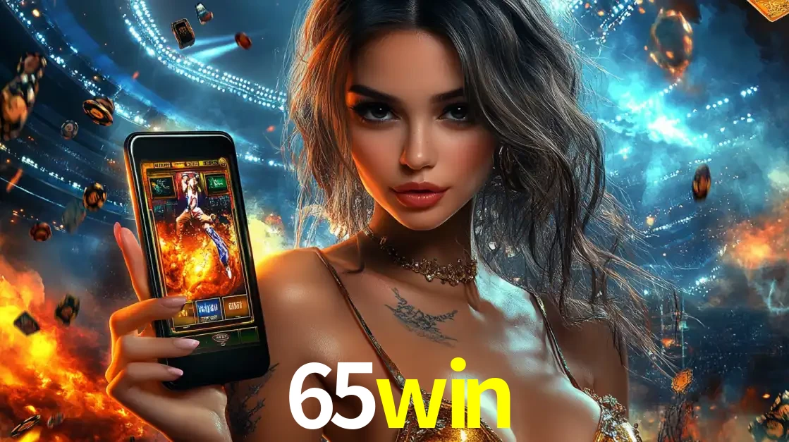 Mulher segurando um celular com um jogo de slot em destaque, tendo como fundo um estádio vibrante, simbolizando a emoção de jogar no cassino móvel 65win.